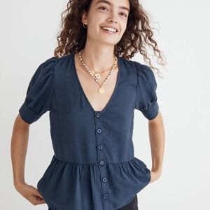 Madewell Drapeweave Puff-Sleeve Peplum Top